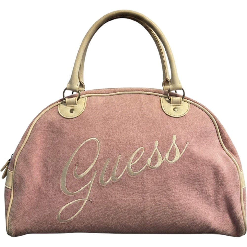 Guess Vintage Y2K Pink Velour Bowler Bag Embroidered Logo Heart Charm Handbag